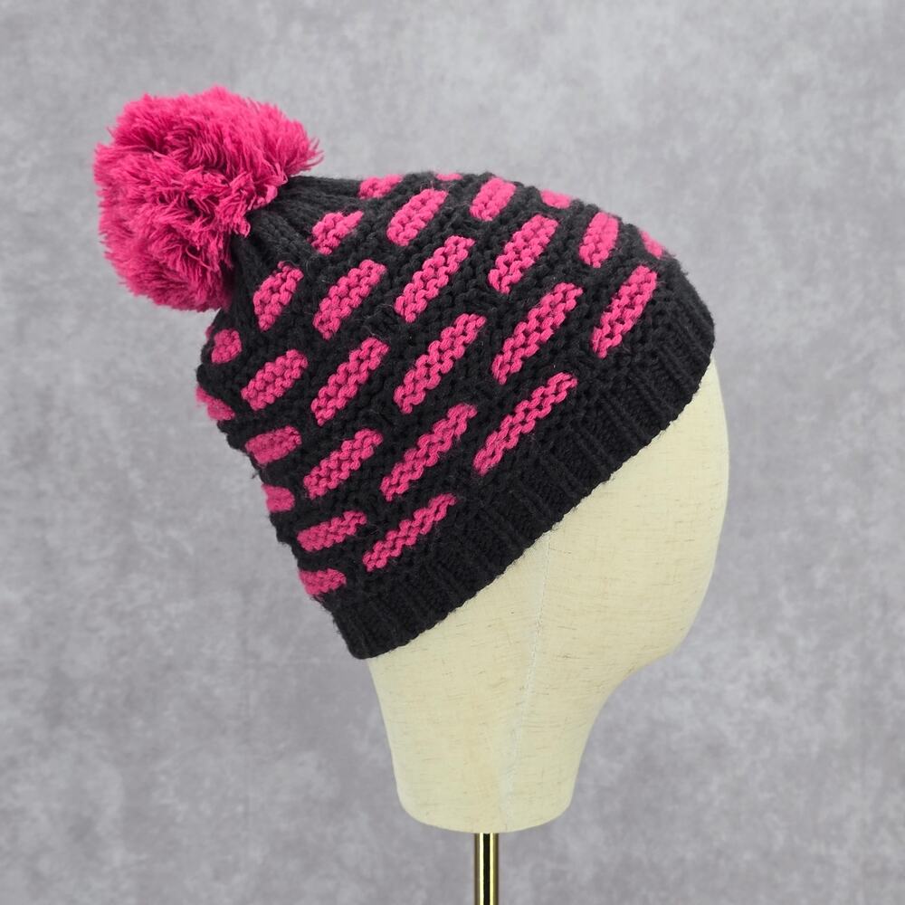 Vintage Y2K Cable‎ Knit Black Purple Chunky Pom Pom Funky Beanie Hat